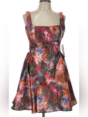 NWT Katia Rae Dress L Party Pink Floral Metallic Jacquard Fit Flare Bow Back